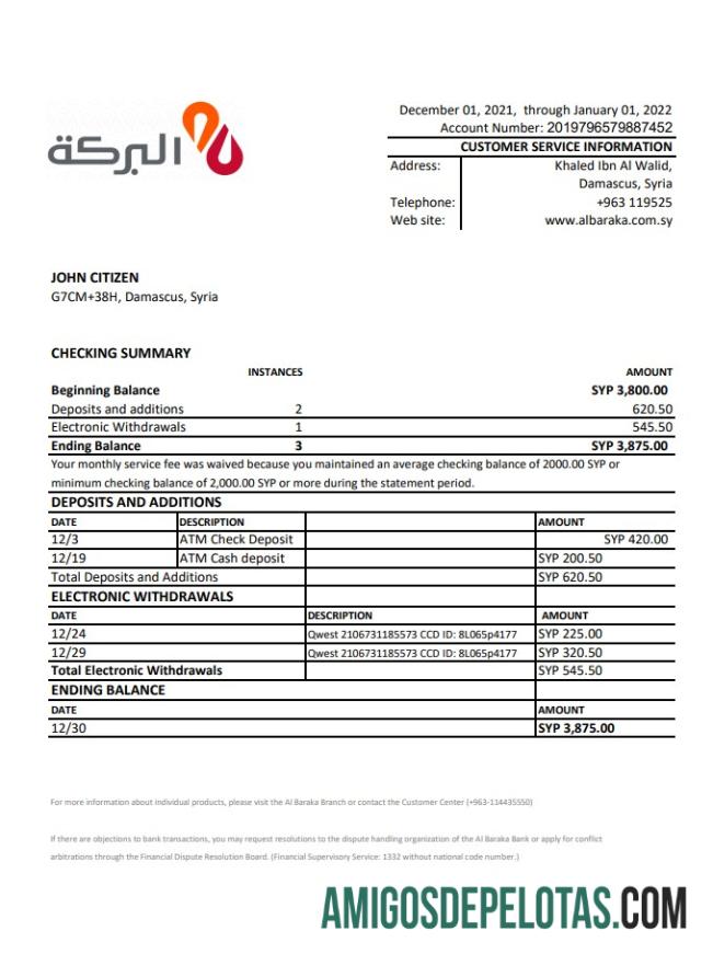 Exemplo de extrato bancário Al Baraka da Síria Xls